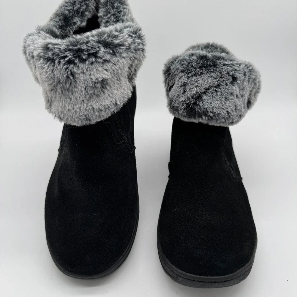 Khombu Jessica Black Suede Leather Faux Fur Lined Winter Ankle Snow Boots 9M